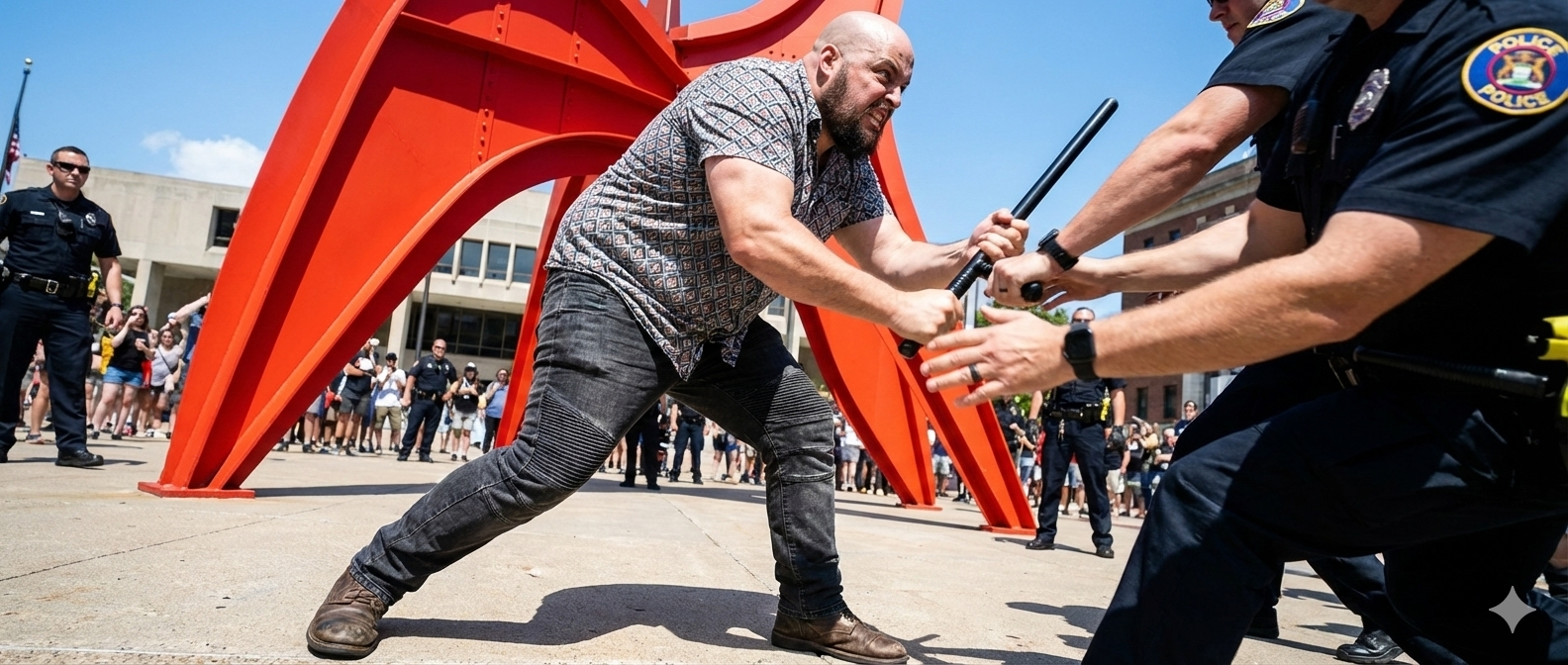 Fighting police near the red Calder sculpture